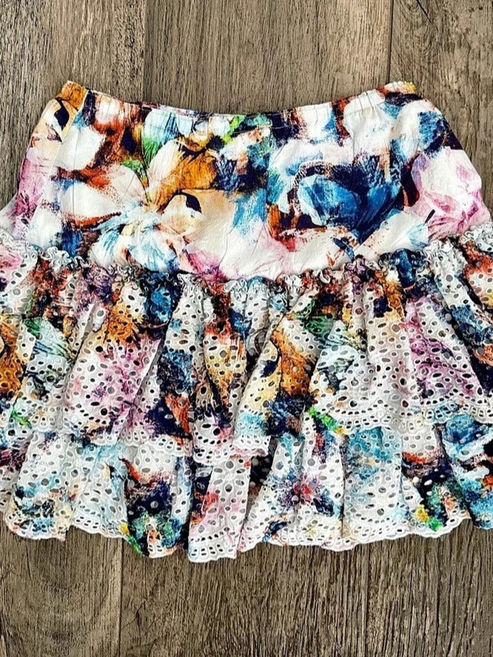 Riot Graham Floral Multicolor Ruffle Tiered Eyelet Mini Skirt Size Medium Like N